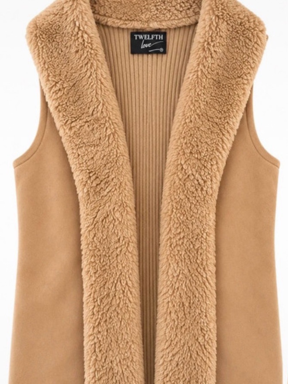 Twelfth Love Camel Faux-Sherpa Hoodless Vest